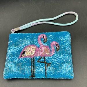 Beaded Flamingo Clutch-makeup-coin with Wrist Strap